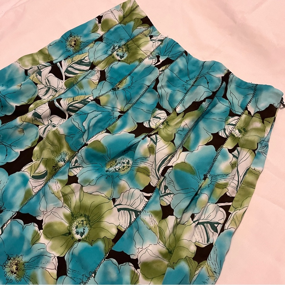 Vintage Blue Green Floral Midi Skirt with Brown Accents - Size 8 - Picture 2 of 9